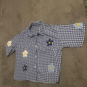 Blue Checkered Shirt with Daisy Floral Design